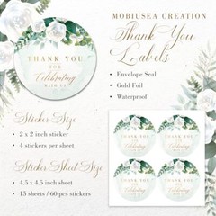 White Floral Thank You for Celebrating with us Stickers | 2 inch | Gold Foil |