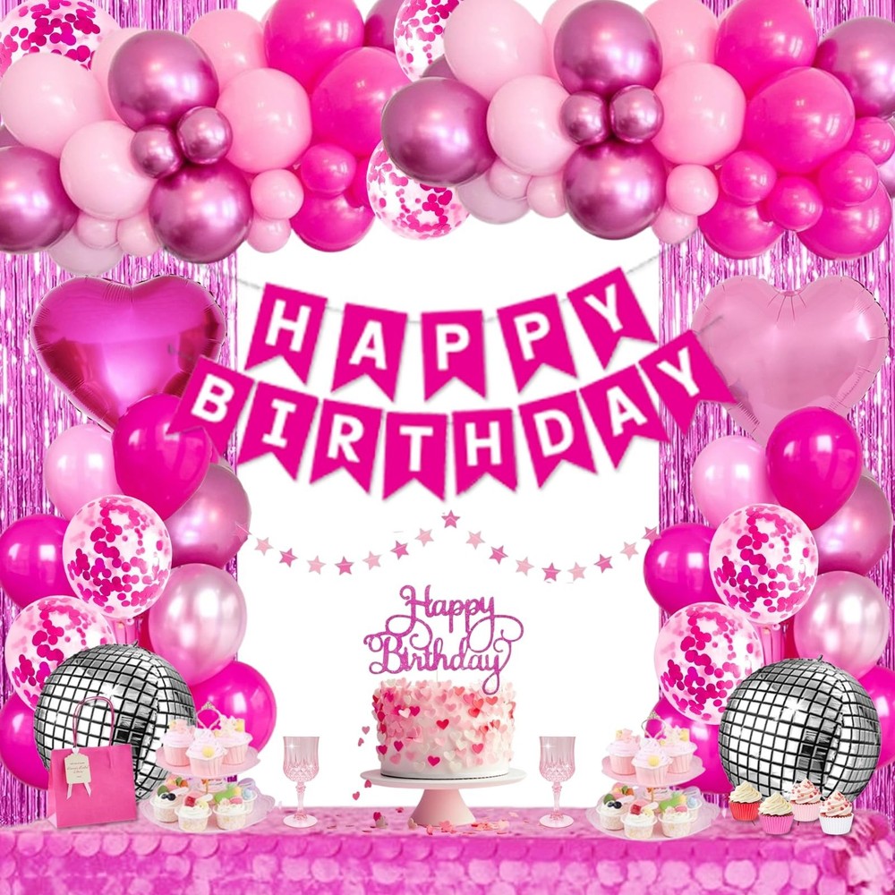 Pink Birthday Party Decorations for Women Girls with Happy Birthday Banner Pa…