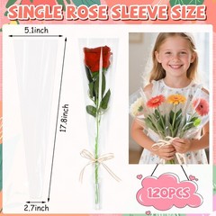 AUGSUN 120 PCS Flower Bags for Bouquets Single Rose Sleeve Transparent Plastic F