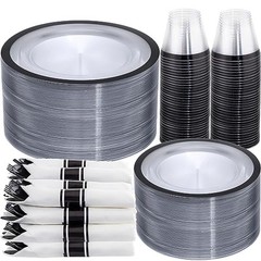 350 Pcs Clear and Black Plastic Plates,Black 350 Piece(50 Guests) Clear Black