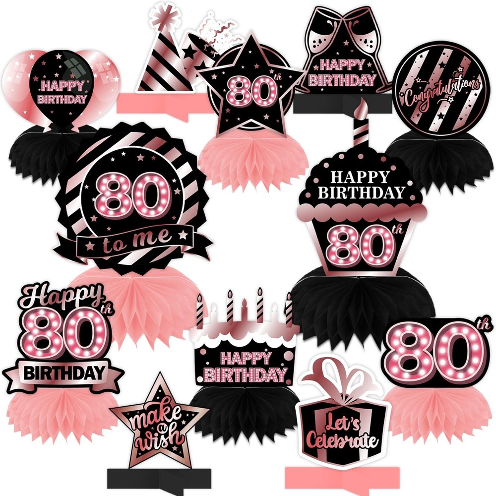 Happy 80th Birthday Rose Gold and Black Table Honeycomb Centerpieces Balloons…