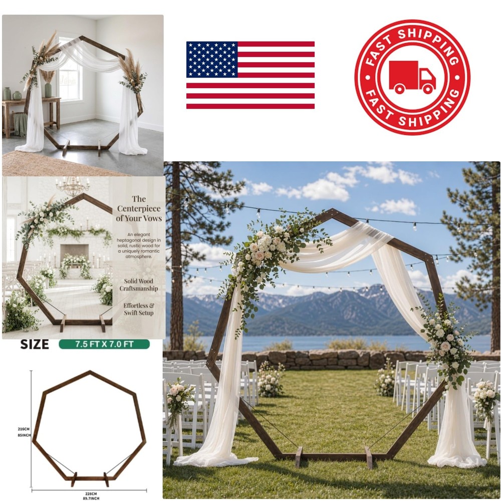 7ft Rustic Wedding Arch Wooden Heptagon with Simple Assembly Instructions