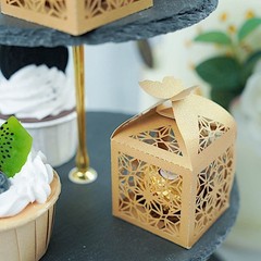 GOLD 25 Lacer Cut Lace Design FAVOR BOXES with Butterfly Top Party Decorations
