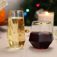 48 Pack Plastic Glasses – 24 x 9oz Stemless Champagne Flutes & Gold Rim Diamond