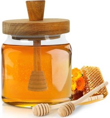 Honey Pot with Dipper and Lid – 18oz Glass Jar Wooden Transparent