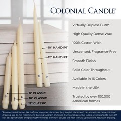 Colonial Candle Unscented Taper Candles, 12 in, Evergreen, Pack of 12