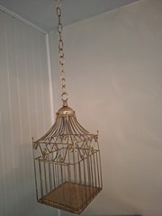 Gold Finish Metal Heart Bird Cage+Adj Hanging Chain Wedding Card Holder Planter