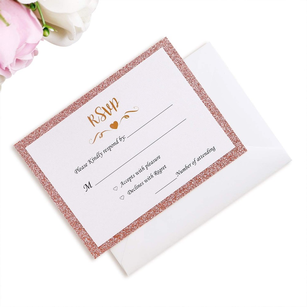 ponatia 25 Pieces/Pack Rose Gold Glitter Printed RSVP Cards with Envelopes