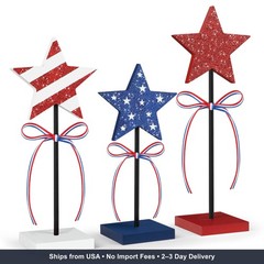 3PC Wooden Star Table Decor Set Patriotic Red White Blue Shiny Independence Day