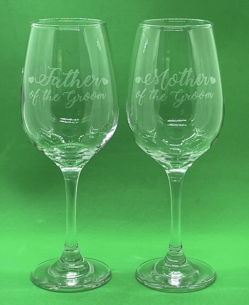 Father Mother of the Groom Wine Glasses Set of 2 Large 9″ Etched Wedding