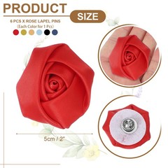 6 Pcs Rose Lapel Pin, Black/Gold/Light Blue/Red/Champagne/Navy Blue(2″)