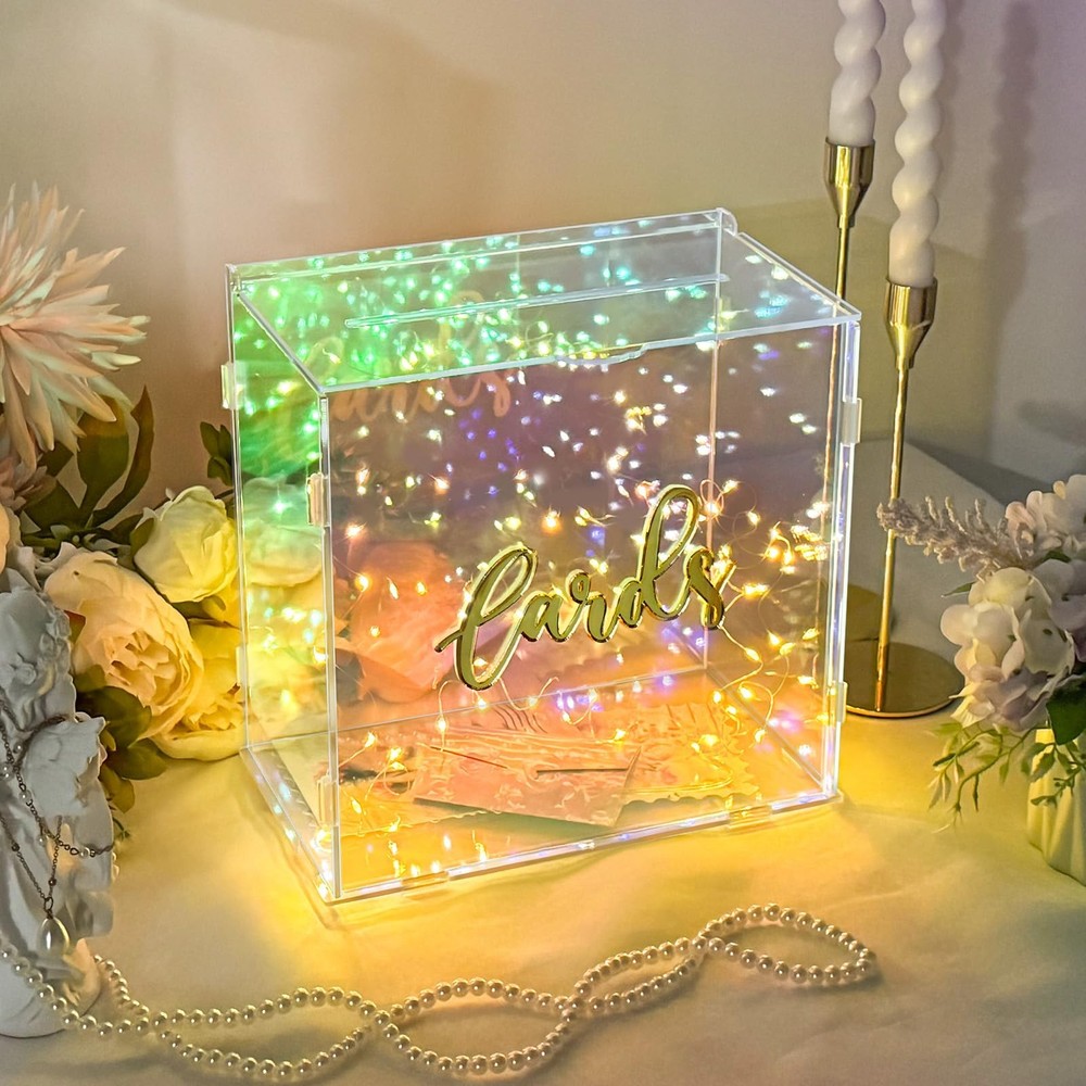Iridescent Acrylic Wedding Card Box String Light DIY Gift Envelope Holder