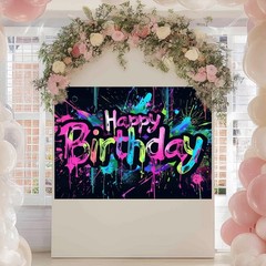 Neon Happy Birthday Banner 96×72 Inch Photography Backdrops Party Background …
