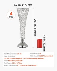 VEVOR 4 PCS Crystal Wedding Flower Vase 20in Tall Table Centerpieces Silver