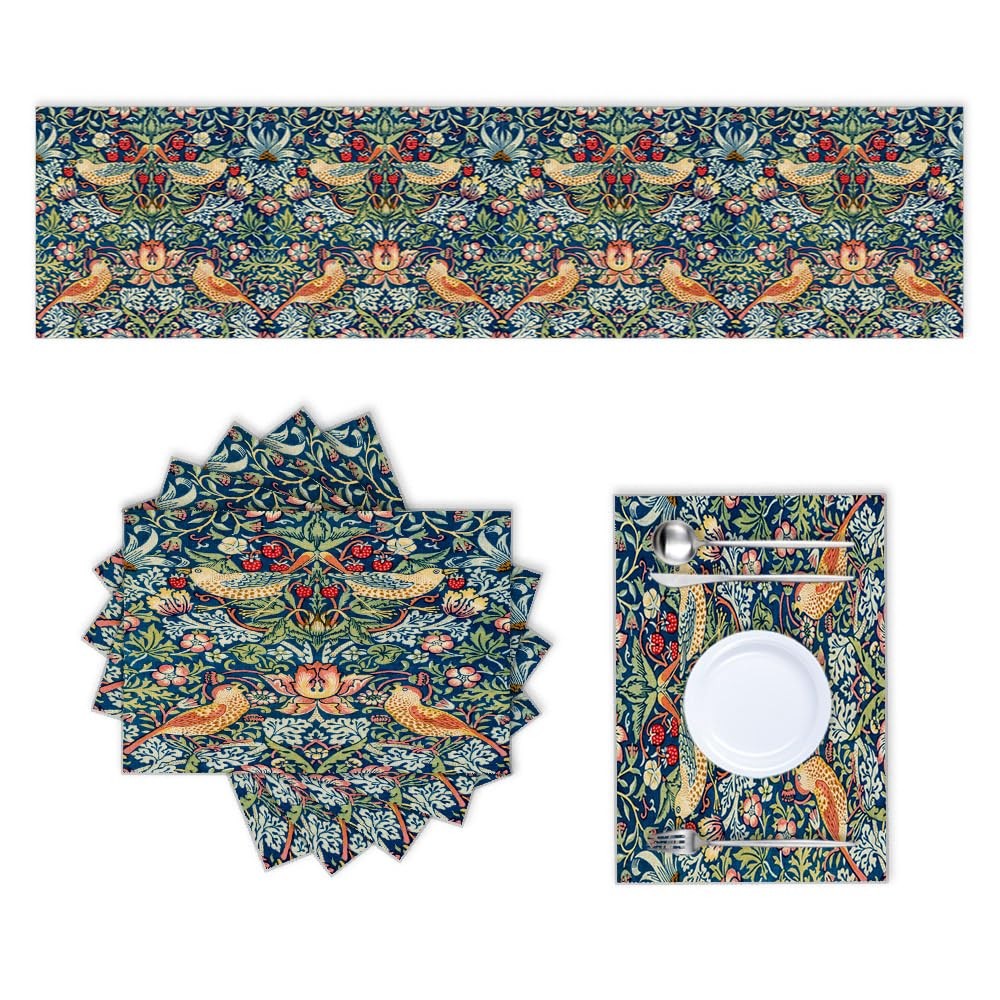 rouihot Cotton Linen Table Runner and Placemats Set 13x18in, Strawberry Thief