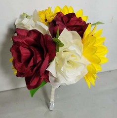Burgundy Ivory Rose Sunflower Bridal Wedding Bouquet Accessories