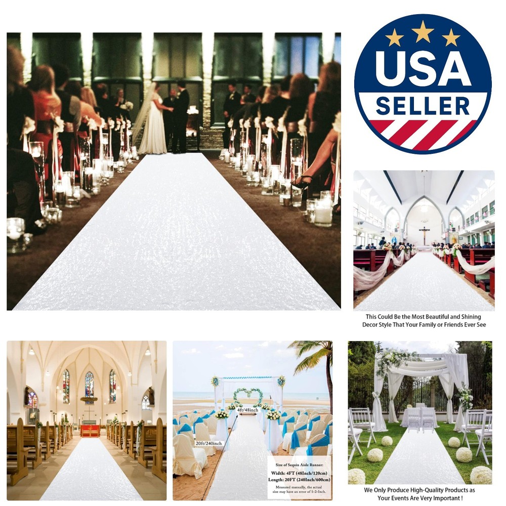 Shiny White Sequin Runner – 4ft x 20ft Wedding Aisle Decor for Indoor/Outdoor