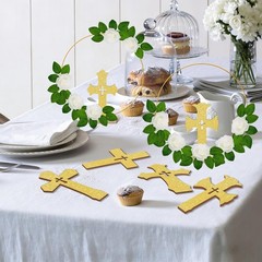 48 Pcs Baptism Centerpiece Decor – 12 Gold Wood Crosses, 12 Metal Floral Hoops,