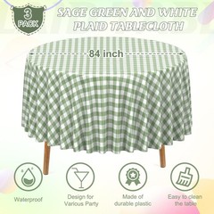 3 Pcs Sage Green Gingham Tablecloth Decorations, Disposable Round Green