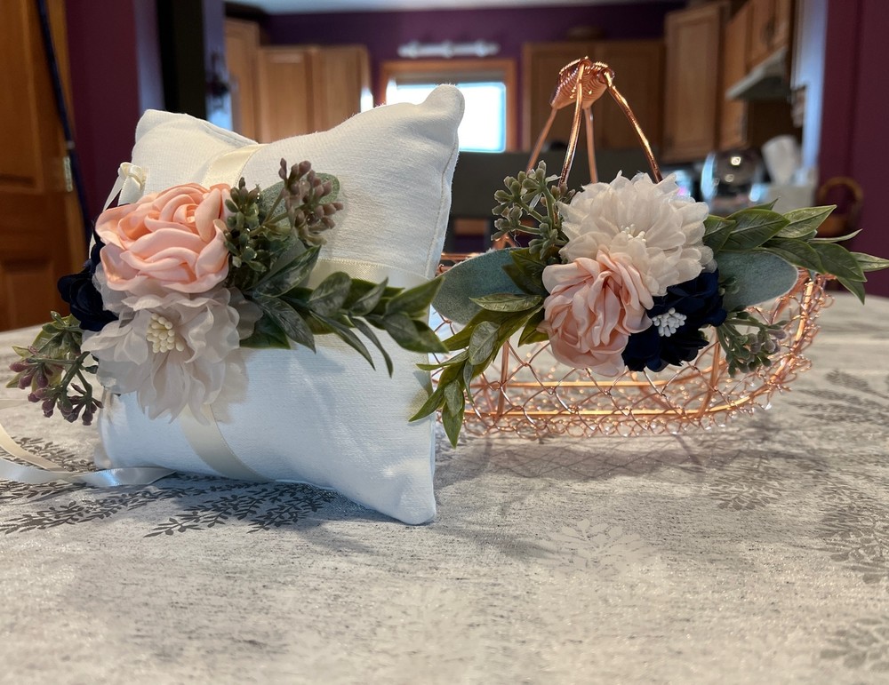 Rose Gold Flower Girl Basket And Ring Bearer Pillow