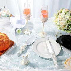 Champagne Flutes Cake Knife Server Set Wedding Gift Pearl Design Toasting New