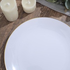 WHITE 10 Glossy 10″ Round Plastic Salad PLATES Gold Rim Party Events Decorations