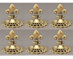 Card Sign Holder Brass Fleur-de-lis Top on Round Filigree Base 3.5″D 3″H Set/6