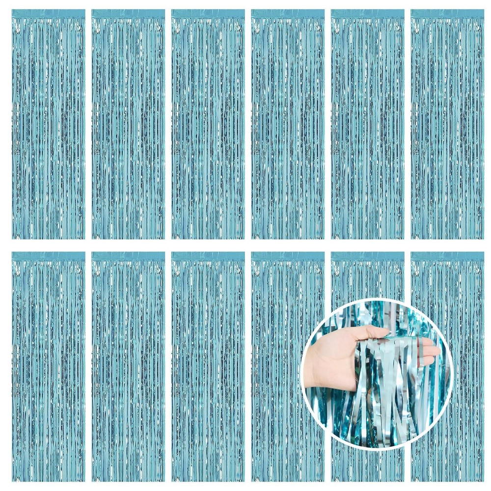 Light Blue Fringe Curtain Party Streamers, 12 Pack 3.3ft x 8.2 ft Foil Curtai…
