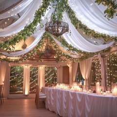 Whiteceiling drapeswith string lights 6-panel design,each panel 5 feet x 10 feet