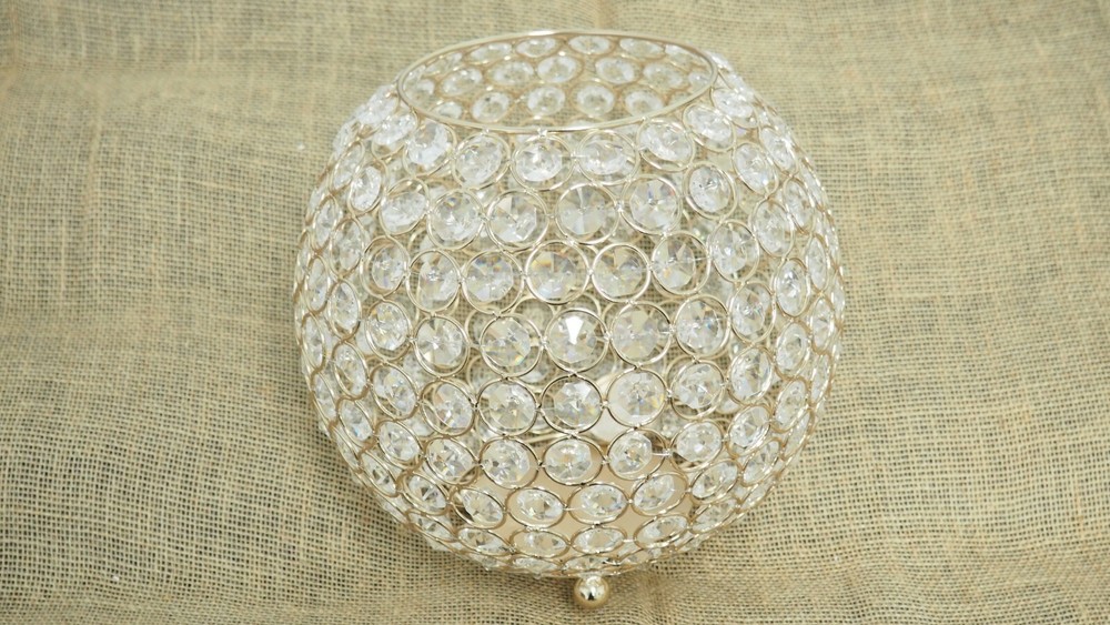 Large Jumbo Fish Bowl Candle Holder Metal Acrylic Crystals Center Gold Silver