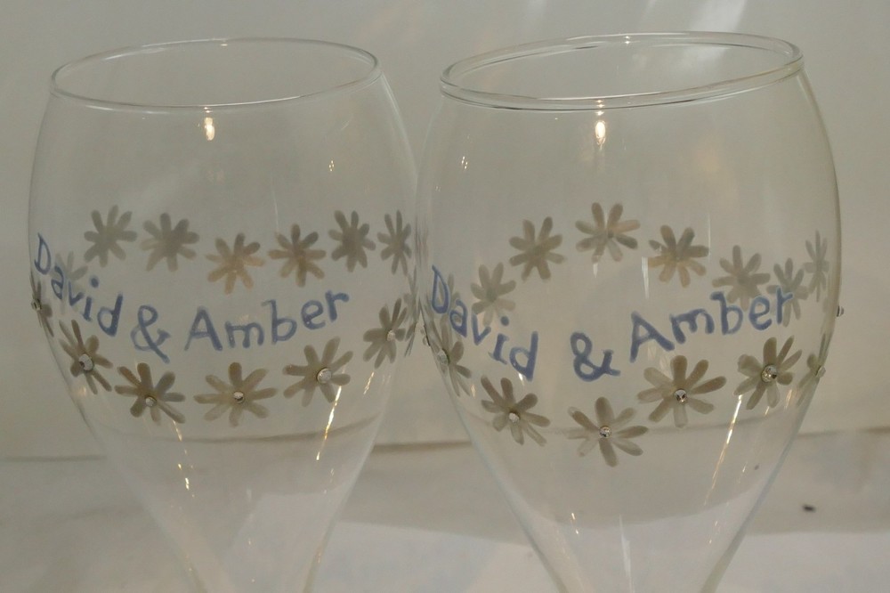 Toasting Clear Glass Set Wedding floral w/Bride Groom Names » David And Amber»