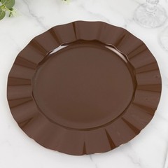 10 BROWN 11″ Round PLASTIC Salad Dinner PLATES Gold Wavy Rim Wedding Party