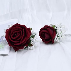 2Pcs Burgundy Rose Corsage and Boutonniere Set, Artificial Wrist Corsage Wris…