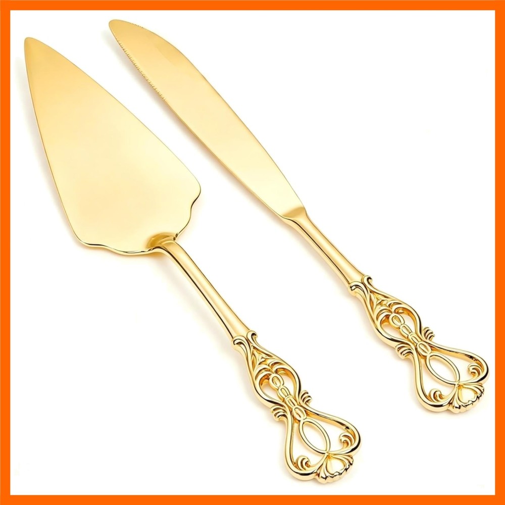 Gold Cake Cutting Set, 2 PCS Wedding Cake Knife and Server Set, Vintage Engra…