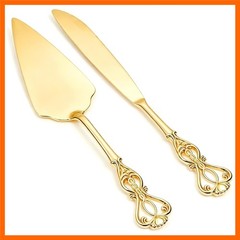 Gold Cake Cutting Set, 2 PCS Wedding Cake Knife and Server Set, Vintage Engra…