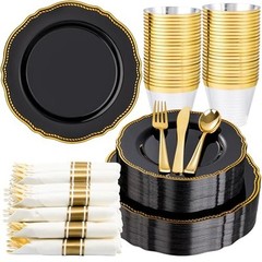 175pcs Black and gold Plastic Plates – Black and Gold 175 Pieces (25 Guests)