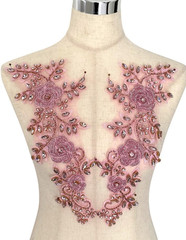 Light Pink Beaded Rose Flowers &Leaves Rhinestone Pair Applique for Prom Dress B