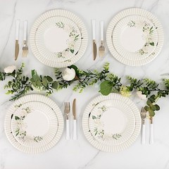 25 WHITE SAGE GREEN 8″ Dessert Paper Plates with Floral Lined Rim Party Supplies