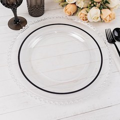CLEAR 10 Round 10″ PLASTIC Dinner PLATES Black Rim Party Events Tableware