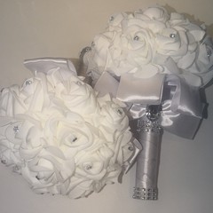 2x Artificial White Rose Wedding Bouquets w/ Silver Satin Ribbon & Rhinestones