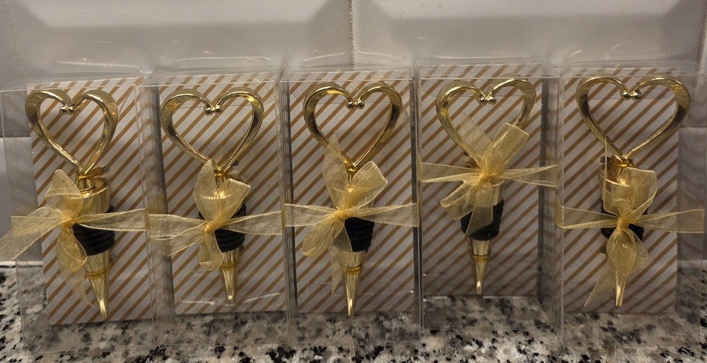 5x NIB-Heart of Gold Bottle Wine Stopper Party Favor Guest Gift Wedding
