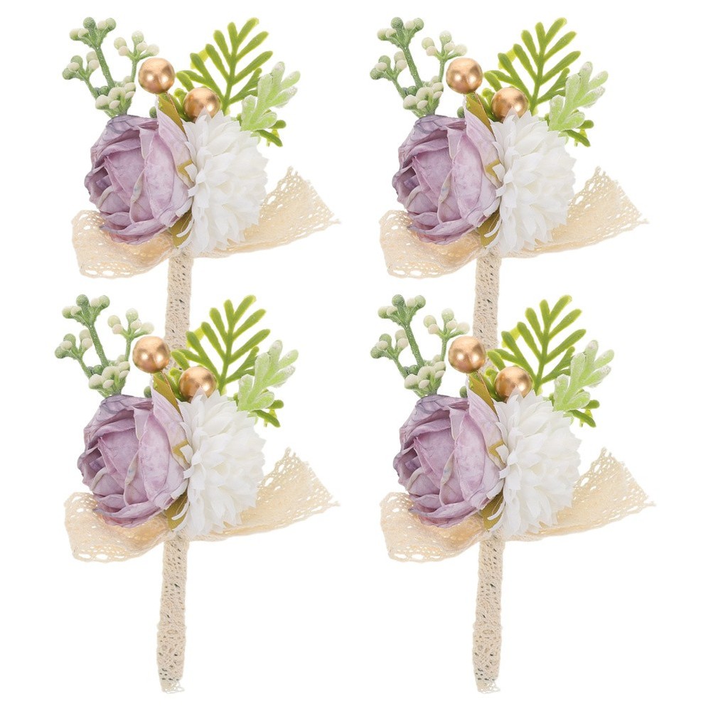 4 Pcs Pocket Boutonniere Wedding Decor Bridegroom Brooches Fake Flower