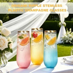 48 Pack Ribbed Plastic Champagne Flutes Stemless With Gold Rim, Unbreakable