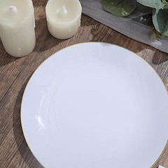 WHITE 10 Glossy 8″ Round Plastic Salad PLATES Gold Rim Party Events Decorations