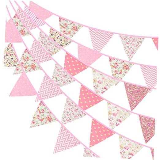 39Ft Triangle Bunting Banner, 42Pcs Tea Floral Party Bunting Cotton Pink