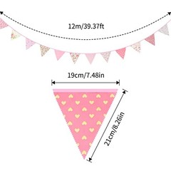 39Ft Triangle Bunting Banner, 42Pcs Tea Floral Party Bunting Cotton Pink