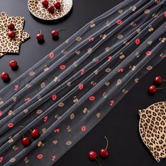 Cheetah and Cherry Tulle Table Runner 28″x120″ Red Lips Black Leopard Print