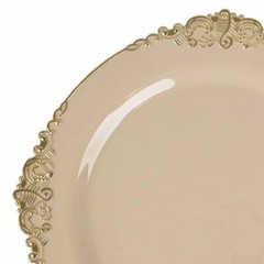 10 TAUPE GOLD 8″ Round Plastic Salad Dinner PLATES Embossed Baroque Rim Party