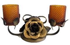 Pair 1970’s 2 Votive Candle Holders Amber Glass with Wrought Iron/Steel Roses
