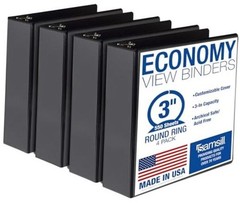 3 Ring Binders, Economy Round Ring, Clear View Cover, 550 4-Pack Black 3 Inch
